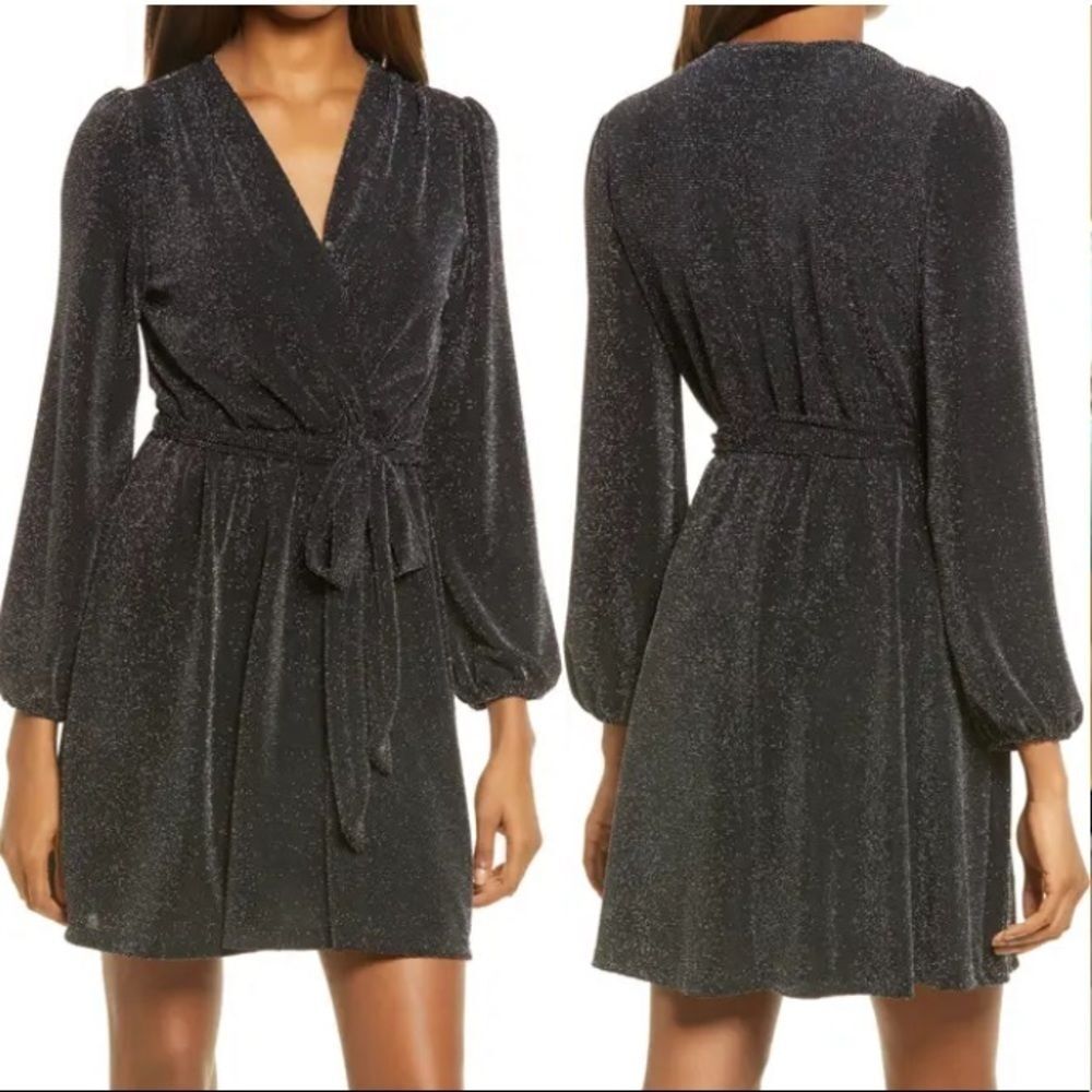 Fraiche By J Black Silver Glitter Wrap FrontLong Sleeve Minidress Small NWOT